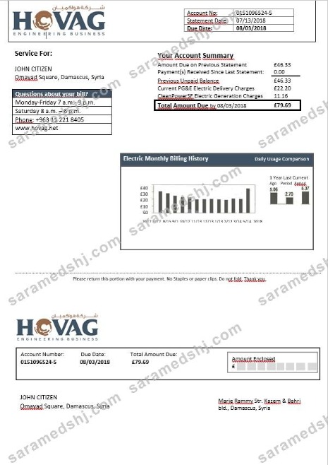 Syria HOVAG electricity bill in Word format